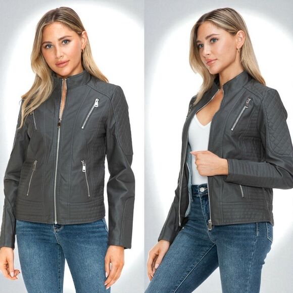 Snobbish Charcoal Gray Faux Leather Zip Up Mock Neck Jacket XL NWT - Picture 1 of 16